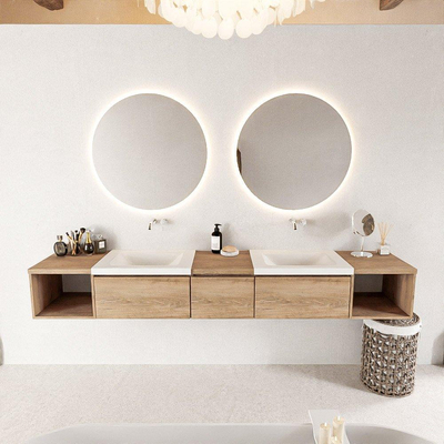 MONDIAZ BUKLA 240cm ensemble de meuble avec module ouvert 40 L+R couleur Chêne blanchi avec 3 tiroirs. Lavabo CLOUD double 0 trou de robinet couleur Talc.