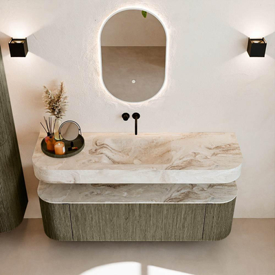 MONDIAZ THOR-DLUX 150cm meuble de salle de bains arrondi gauche + droite couleur Shadow avec 1 tiroir et 2 portes. Vasque suspendue CLOUD Milieu sans trou de robinet couleur Frappe.