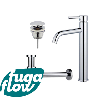 FugaFlow Eccelente Sobrado Kit mitigeur lavabo - robinet rehaussé - bonde clic clac - siphon design bas - Chrome brillant