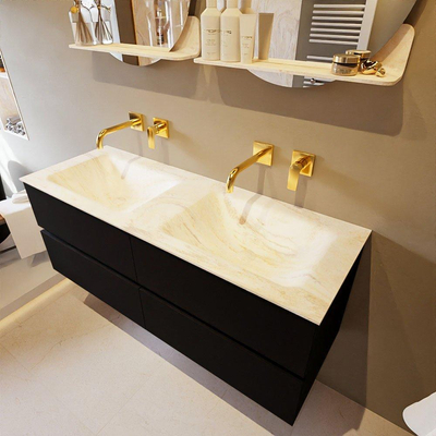 Mondiaz VICA-DLUX ensemble de meuble de salle de bain - 130cm - meuble sous-vasque urbain - 4 tiroirs - lavabo encastré nuage double - sans trous de robinet - version haute de 60cm - ostra