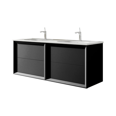 Saniclass Prime Core Ensemble meuble de salle de bains - 120x50x45cm - 2 vasques ovales en céramique blanc - 2 trous de robinet - 4 tiroirs - miroir rectangulaire - noir mat