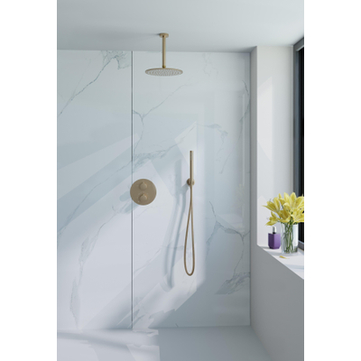 FugaFlow Eccelente Acces Ensemble de douche de pluie encastré - rond - thermostatique - bras de plafond - pomme de tête 25cm - douchette à main sur barre - Laiton brossé PVD (Or)