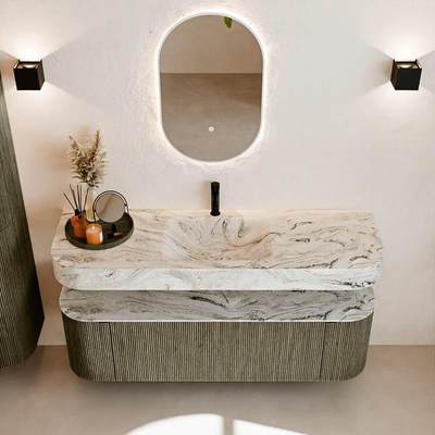 MONDIAZ THOR-DLUX 150cm meuble de salle de bains arrondi gauche + droite couleur Shadow avec 1 tiroir et 2 portes. Vasque suspendue CLOUD Milieu 1 trou de robinet couleur Glace.