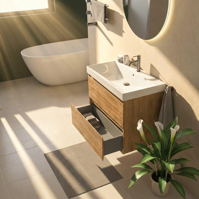 Saniclass Holz Pure Ensemble meuble de salle de bains - 80x45x67.5cm - lavabo Wave en céramique - 1 vasque - 1 trou de robinetterie - 2 tiroirs - chêne naturel mat (bois)