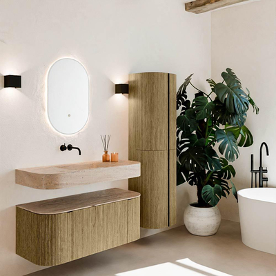 MONDIAZ THOR-DLUX Meuble de salle de bains 110cm arrondi gauche + droite couleur Dusk avec 1 tiroir et 2 portes. Vasque suspendue CLOUD Milieu sans trou de robinet couleur Saba.