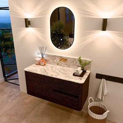 Mondiaz CIRO-DLUX Badkamermeubelset - 110x45x50cm - Solid surface wastafel Glace - 1 wasbak Midden - zonder kraangaten - 2 lades - Walnut