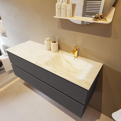 Mondiaz VICA-DLUX ensemble de meuble de salle de bain - 130cm - meuble sous-vasque gris foncé - 2 tiroirs - lavabo encastré cloud droite - 1 trou de robinet - version haute de 60cm - ostra