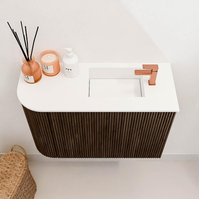 Mondiaz JOYA 61.6cm meuble de toilette - arrondi gauche couleur Noyer - Vasque FAYE position Droite 1 trou de robinet couleur Talc.