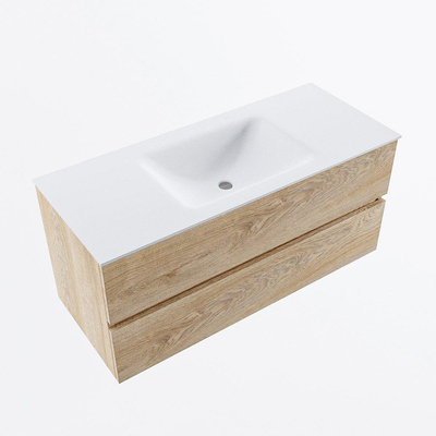 Mondiaz VICA Ensemble de meuble de salle de bain - 110cm - meuble sous-vasque chêne blanchi - 2 tiroirs - lavabo nuage milieu - sans trous de robinet - version haute 60cm - talc