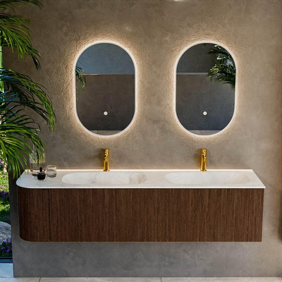 MONDIAZ KURVE-DLUX 175cm badmeubel met module 25 L kleur Walnut met 2 lades en 1 deur. Wastafel STOR SMALL dubbel / rechts 2 kraangaten kleur Opalo.