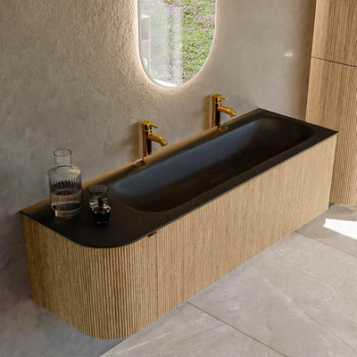 MONDIAZ KURVE 145cm badmeubel met module 25 L kleur Oak met 1 lade en 1 deur. Wastafel BIG LARGE rechts 2 kraangaten Urban.