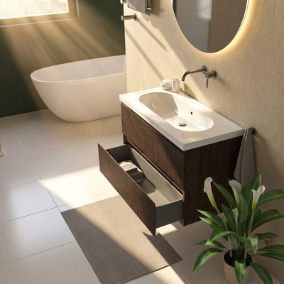 Saniclass Holz Atelier Ensemble de meubles de salle de bains - 100x45x63.5cm - lavabo Palermo en céramique blanc - 1 vasque - sans trou de robinet - 2 tiroirs - chêne charcoal mat (bois)