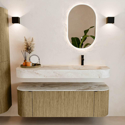 MONDIAZ THOR-DLUX Meuble de salle de bains 140cm arrondi gauche + droite couleur Dusk avec 1 tiroir et 2 portes. Vasque suspendue CLOUD Droite 1 trou de robinet couleur Frappe.