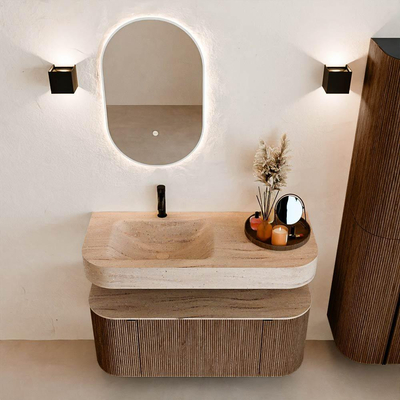 MONDIAZ THOR-DLUX 110cm badmeubel ronding links + rechts kleur Walnut met 1 lade en 2 deuren. Vrijhangende wastafel CLOUD Links 1 kraangat kleur Saba.