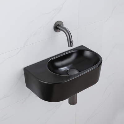 QeramiQ Fuente pack lave-mains – demi-rond – 40 x 21,5 x 12 cm – céramique noir mat – sans perçage – robinet gunmetal