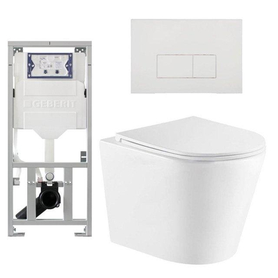 QeramiQ Dely Pack WC cuvette sans bride 36.3x51.7cm avec bâti-support Geberit UP320 abattant WC blanc brillant frein de chute et plaque de commande Blanc brillant boutons Rectangulaires