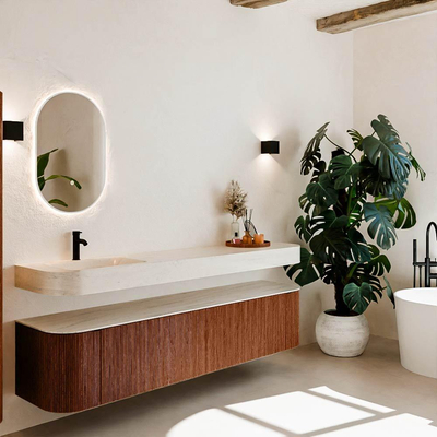 MONDIAZ THOR-DLUX Meuble de salle de bains - 200cm - arrondi gauche + droite - couleur Ruby - 2 tiroirs et 2 portes - Vasque suspendue CLOUD Gauche 1 trou de robinet - couleur Meli