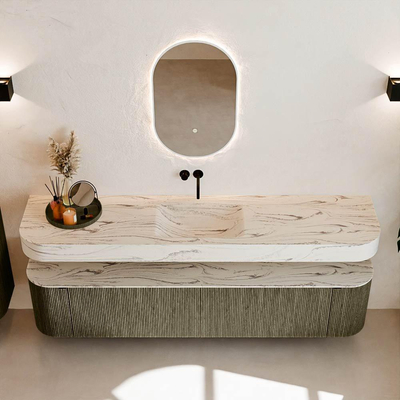 MONDIAZ THOR-DLUX 200cm meuble de salle de bains arrondi gauche + droite couleur Shadow avec 2 tiroirs et 2 portes. Vasque suspendue CLOUD Milieu sans trou de robinet couleur Nata.