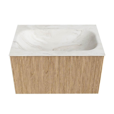 MONDIAZ KURVE-DLUX 70cm badmeubel kleur Oak met 1 lade. Wastafel BIG SMALL midden zonder kraangat kleur Ostra.