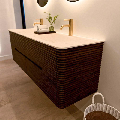 Mondiaz CIRO-DLUX Meuble de salle de bains - 150x45x50cm - Plan vasque solid surface Meli - 2 vasques Double - 2 trous de robinetterie - 4 tiroirs - Noyer