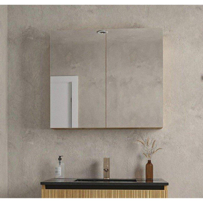 Adema Holz Ensemble de meuble - 120cm - 2 vasques en céramique Blanc - 2 trous de robinet - 1 tiroir - avec armoire de toilette - Caramel (bois)