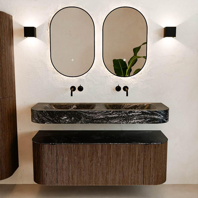 MONDIAZ THOR-DLUX 130cm badmeubel ronding links + rechts kleur Walnut met 1 lade en 2 deuren. Vrijhangende wastafel CLOUD Dubbel zonder kraangat kleur Lava.