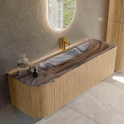 MONDIAZ KURVE-DLUX Meuble de salle de bains 145cm arrondi à gauche couleur Chêne avec 1 tiroir et 1 porte. Lavabo BIG LARGE à droite 1 trou de robinet Sombra.