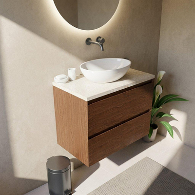 Saniclass Holz Pure Ensemble meuble de salle de bains - 80x45x63cm - plan de travail en pierre naturelle travertin - sans trou de robinet - 2 tiroirs - walnut pure mat (bois)