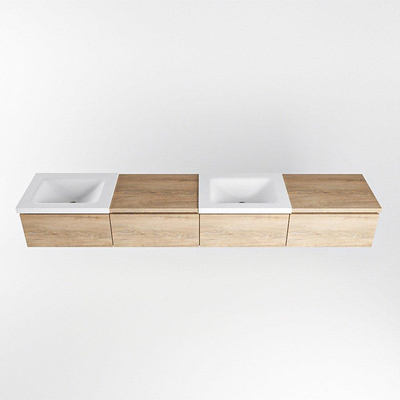 MONDIAZ BUKLA 240cm badmeubel met module 60 rechts kleur Washed Oak met 4 lades. Wastafel CLOUD dubbel 0 kraangaten kleur Talc.