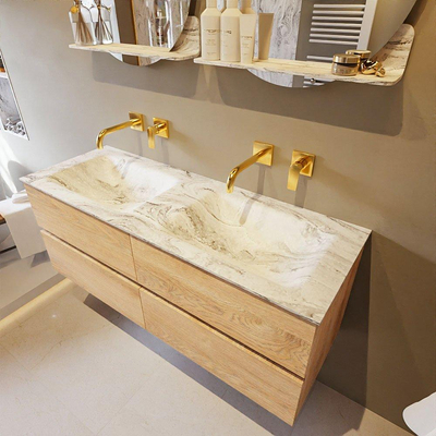 Mondiaz VICA-DLUX ensemble de meuble de salle de bain - 130cm - meuble sous-vasque chêne blanchi - 4 tiroirs - lavabo encastré cloud double - sans trous de robinet - version haute de 60cm - glace