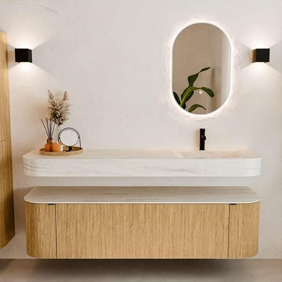 MONDIAZ THOR-DLUX 170cm badmeubel ronding links + rechts kleur Oak met 1 lade en 2 deuren. Vrijhangende wastafel CLOUD Rechts 1 kraangat kleur Meli.