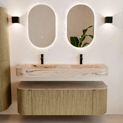 MONDIAZ THOR-DLUX 140cm meuble de salle de bains arrondi gauche + droite couleur Dusk avec 1 tiroir et 2 portes. Vasque suspendue CLOUD Double 2 trous de robinet couleur Arena.