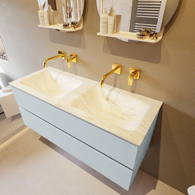 Mondiaz VICA-DLUX Ensemble de meuble de salle de bain - 120cm - meuble sous-vasque argile - 2 tiroirs - lavabo encastré nuage double - sans trous de robinet - version haute 60cm - ostra