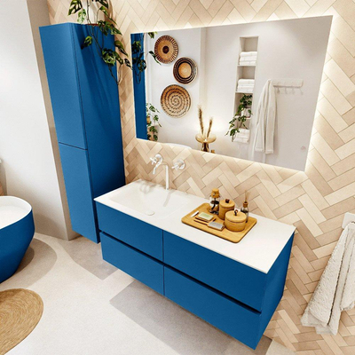 Mondiaz VICA ensemble de meuble de salle de bain - 120cm - meuble sous-vasque jeans - 4 tiroirs - lavabo cloud gauche - 1 trou de robinet - couleur talc - miroir LED - version XL 60cm haut