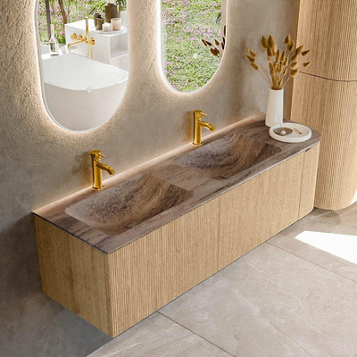 MONDIAZ KURVE-DLUX 155cm meuble de salle de bains arrondi Droite couleur Chêne avec 2 tiroirs et 1 porte. Lavabo LEAF Double / Gauche 2 trous de robinet Oza.