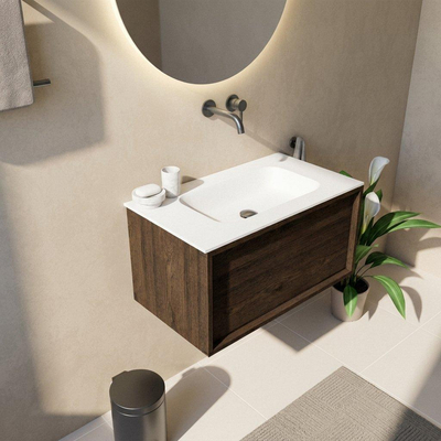 Saniclass Holz Frame Badkamermeubelset - 80x45x41.5cm - Flow solid surface wastafel wit - 1 wasbak - zonder kraangat - 1 lade - mat eiken charcoal (hout)