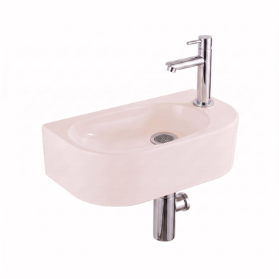 QeramiQ Fuente Lavabo pour WC - 40x22x12 cm - lisse - demi-rond - trou de robinet de Lavabo pour WC a droite - ceramique - robinet de Lavabo pour WC chrome - siphon bas - bonde - lin