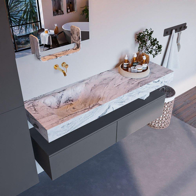 Mondiaz ALAN-DLUX Ensemble de meuble - 150cm - meuble Plata mat - 2 tiroirs - Lavabo Cloud Glace suspendu - vasque Gauche - 0 trous de robinet