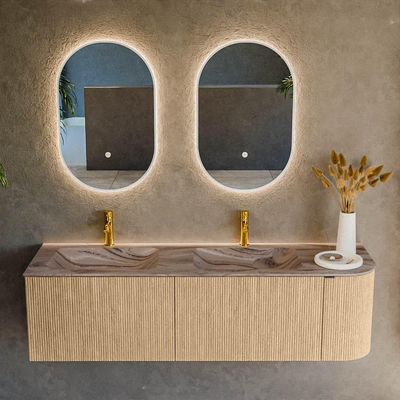 MONDIAZ KURVE-DLUX 155cm badmeubel ronding Rechts kleur Oak met 2 lades en 1 deur. Wastafel LEAF Dubbel / Links 2 kraangaten Sombra.