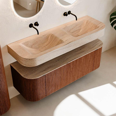 MONDIAZ THOR-DLUX 140cm meuble de salle de bains arrondi gauche + droite couleur Ruby avec 1 tiroir et 2 portes. Vasque suspendue CLOUD Double sans trou de robinet couleur Saba.