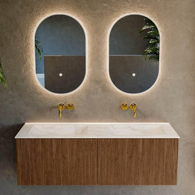 MONDIAZ KURVE-DLUX 130cm Meuble salle de bain - couleur Walnut - 2 tiroirs - vasque LEAF double - sans trou de robinet - couleur Ostra