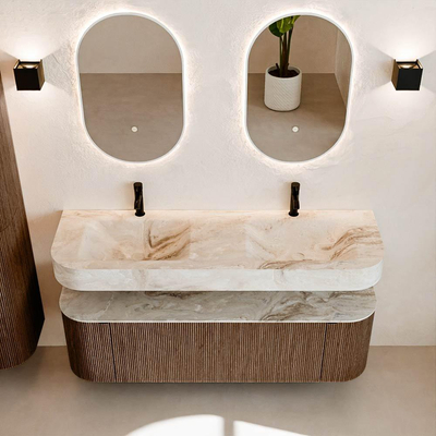 MONDIAZ THOR-DLUX 150cm meuble de salle de bains arrondi gauche + droite couleur Walnut avec 1 tiroir et 2 portes. Vasque suspendue CLOUD Double 2 trous de robinet couleur Frappe.