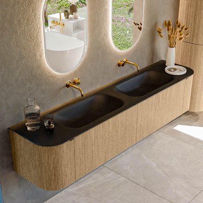 MONDIAZ KURVE Meuble de salle de bains 200 cm avec module 25 Len R couleur chêne avec 2 tiroirs et 2 portes. Lavabo BIG SMALL double sans trou de robinet Urban.