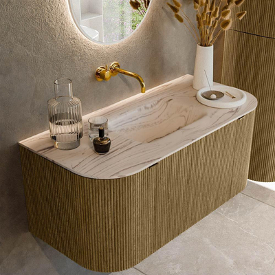 MONDIAZ KURVE-DLUX Meuble de salle de bains 100cm arrondi Gauche + Droite couleur Dusk avec 1 tiroir et 2 portes. Lavabo GRUNNE Milieu sans trou de robinet Nata.