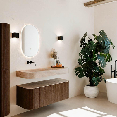 MONDIAZ THOR-DLUX 120cm meuble de salle de bains arrondi gauche + droite couleur Walnut avec 1 tiroir et 2 portes. Vasque suspendue CLOUD Gauche sans trou de robinet couleur Saba.