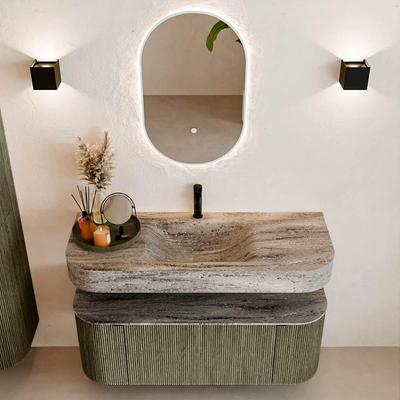 MONDIAZ THOR-DLUX Meuble de salle de bains 120cm arrondi gauche + droite couleur Shadow avec 1 tiroir et 2 portes. Vasque suspendue CLOUD Milieu 1 trou de robinet couleur Oza.