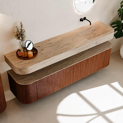 MONDIAZ THOR-DLUX 190cm meuble de salle de bains arrondi gauche + droite couleur Ruby avec 2 tiroirs et 2 portes. Vasque suspendue CLOUD Droite sans trou de robinet couleur Arena.