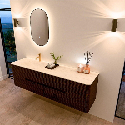 Mondiaz CIRO-DLUX Badkamermeubelset - 170x45x50cm - Solid surface wastafel Meli - 1 wasbak Links - 1 kraangat - 4 lades - Walnut