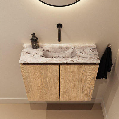 MONDIAZ TURE-DLUX Meuble toilette - 60cm - Washed Oak - EDEN - vasque Glace - position centrale - sans trou de robinet