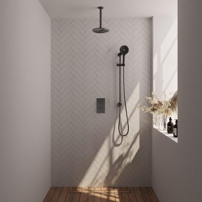Brauer Gunmetal Carving Ensemble de douche pluie encastré - douche principale 20cm - bras plafond 20cm - 2 fonctions - glijstang - incluant partie encastrable - douchette ronde 3 positions - PVD - gunmetal brossé